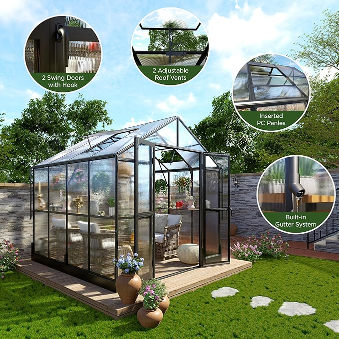 HOWE 8x8x7.5 FT Aluminum Greenhouses for Outdoors,Polycarbonate Greenhouse with 2 Vents Lockable