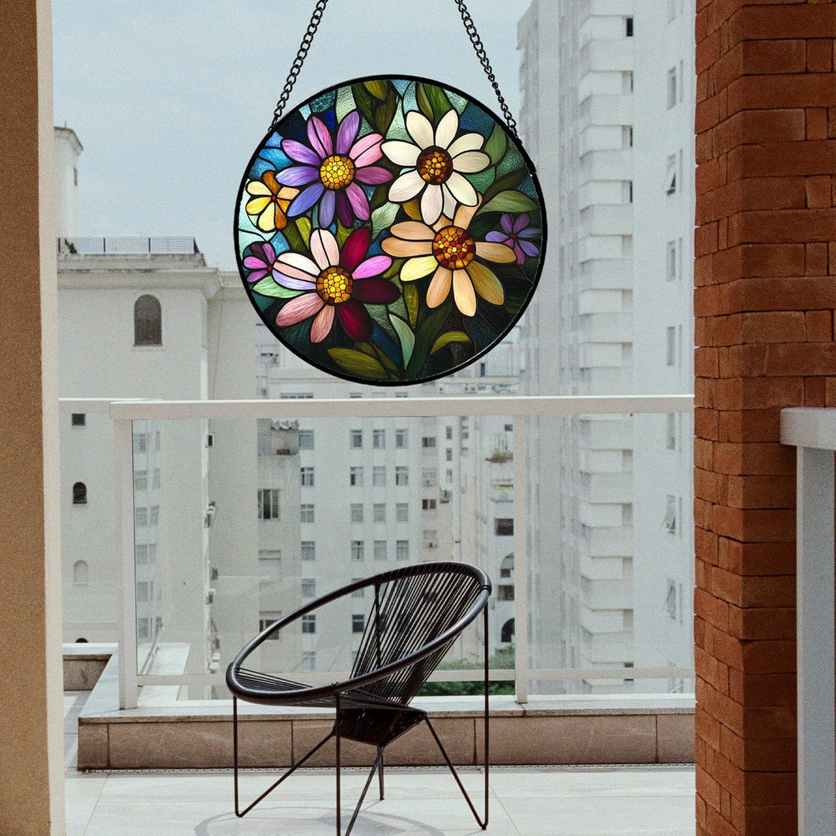 Stained Glass Window Hanging - Colorful Daisies Suncatcher for Door Garden Patio Retro Flower Sun