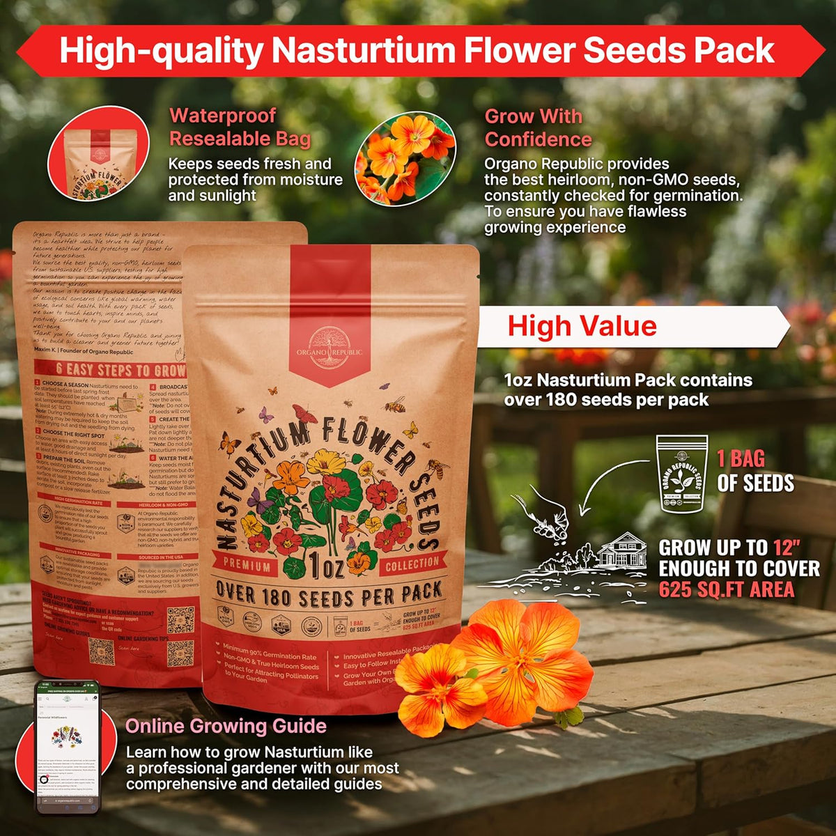 Nasturtium Seeds Pack 1 oz - Non-GMO Heirloom Flower Seeds for Planting, Edible Flowers in
