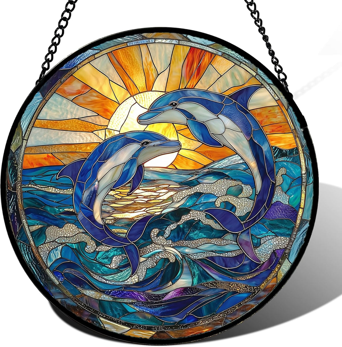 Stained Glass Window Hanging, Blue Dolphin Sun Catchers Colorful Glass Panel Sunrise Sea View
