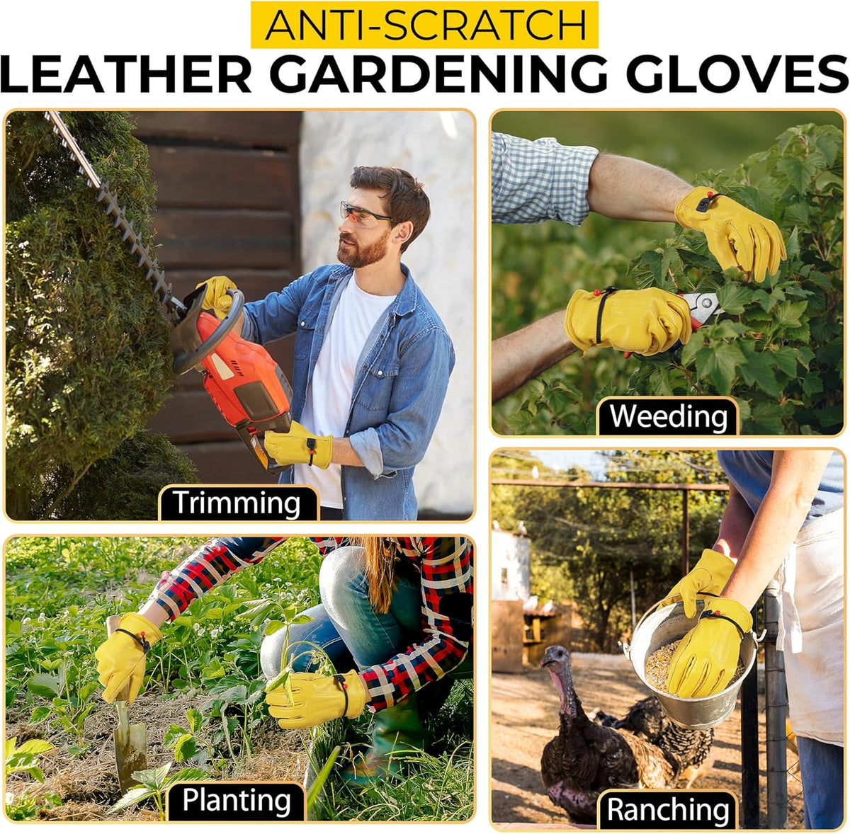 HANDLANDY Men Leather Gardening Gloves, Utility Work Gloves for Mechanics, Construction, Driver