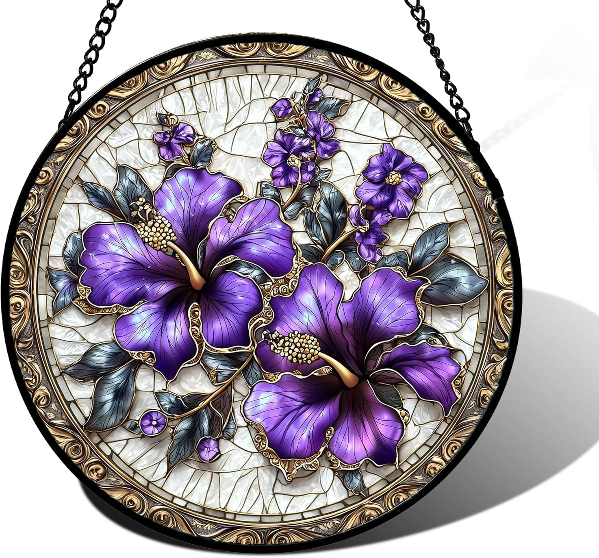 Stained Glass Window Hanging, Purple Flowers Romantic Suncatcher for Doors Home Sun Catchers