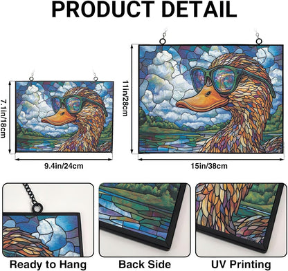 Personalized Rectangle Boho Duck Studying Clouds Stained Glass Window Hanging, Suncatcher for