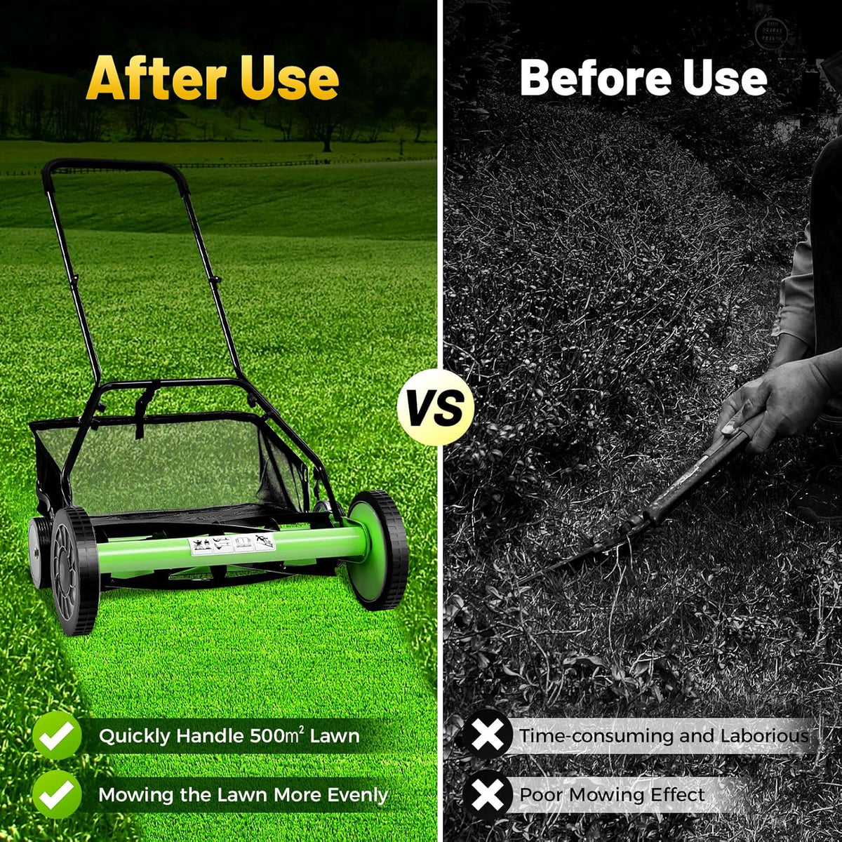 20 Inch 5-Blade Push Reel Lawn Mower, Cordless Manual Lawn Mower with Grass Catcher, Adjustable