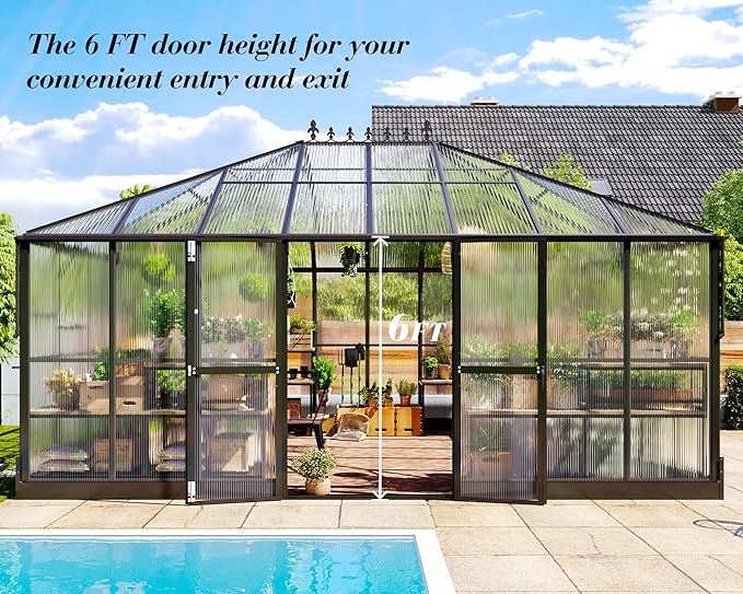 Jocisland 16x12x9.5 FT Polycarbonate Greenhouse- 6 FT Wall Height Outdoor Aluminum Greenhouses with