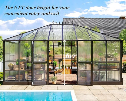 Jocisland 16x12x9.5 FT Polycarbonate Greenhouse- 6 FT Wall Height Outdoor Aluminum Greenhouses with