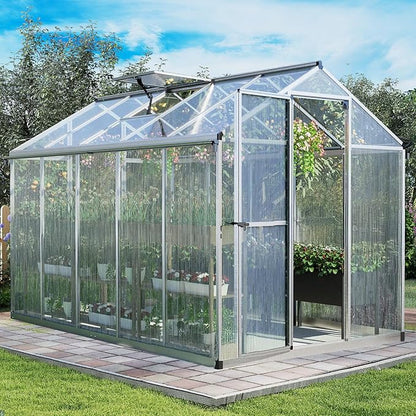 Aoodor 6 x 10 Ft Walk-in Greenhouse with Gutter, Polycarbonate and Heavy-Duty Aluminum Frame