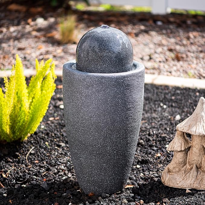 XBrand 25.98" H Round Stone Indoor/Outdoor Modern Stone Textured Sphere Water Fountain w/LED