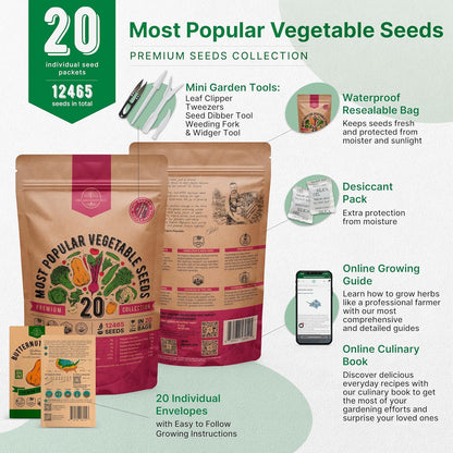 20 Vegetable Seeds Variety Pack - 12,465+ Non-GMO Heirloom Seeds for Planting Vegetables and Fruits