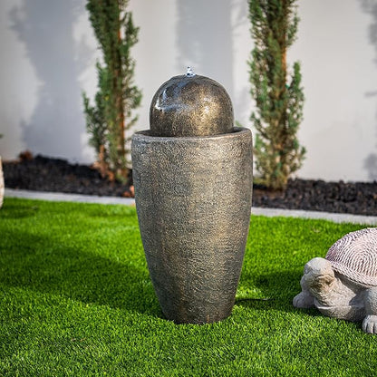 XBrand 25.98" H Round Stone Indoor/Outdoor Modern Stone Textured Sphere Water Fountain w/LED