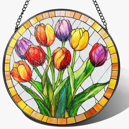 Stained Glass Window Hanging, 8 Inch Tulips Stained Glass Suncatcher, Botanical Lover Gift, Flowers