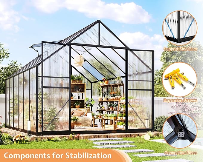 Jocisland 8x11.5x7 FT Polycarbonate Greenhouses for Outdoors, 2 Top-Opening Windows, 2 Swing Doors