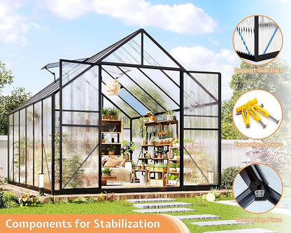 Jocisland 8x11.5x7 FT Polycarbonate Greenhouses for Outdoors, 2 Top-Opening Windows, 2 Swing Doors