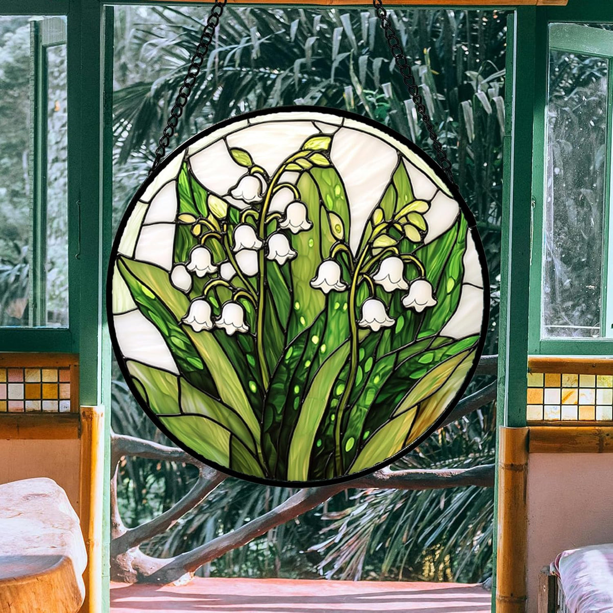Stained Glass Window Hanging, Lily of The Valley Flower Sun Catchers Colorful Glass Panel Green