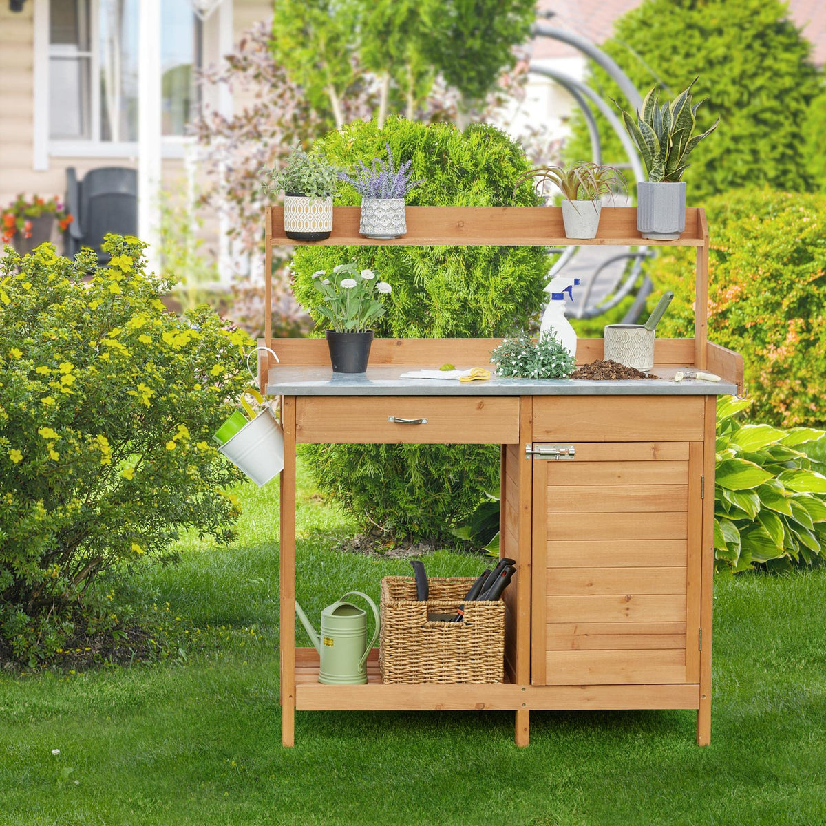 Yaheetech Potting Bench Outdoor Potting Table with Storage,Natural Wood