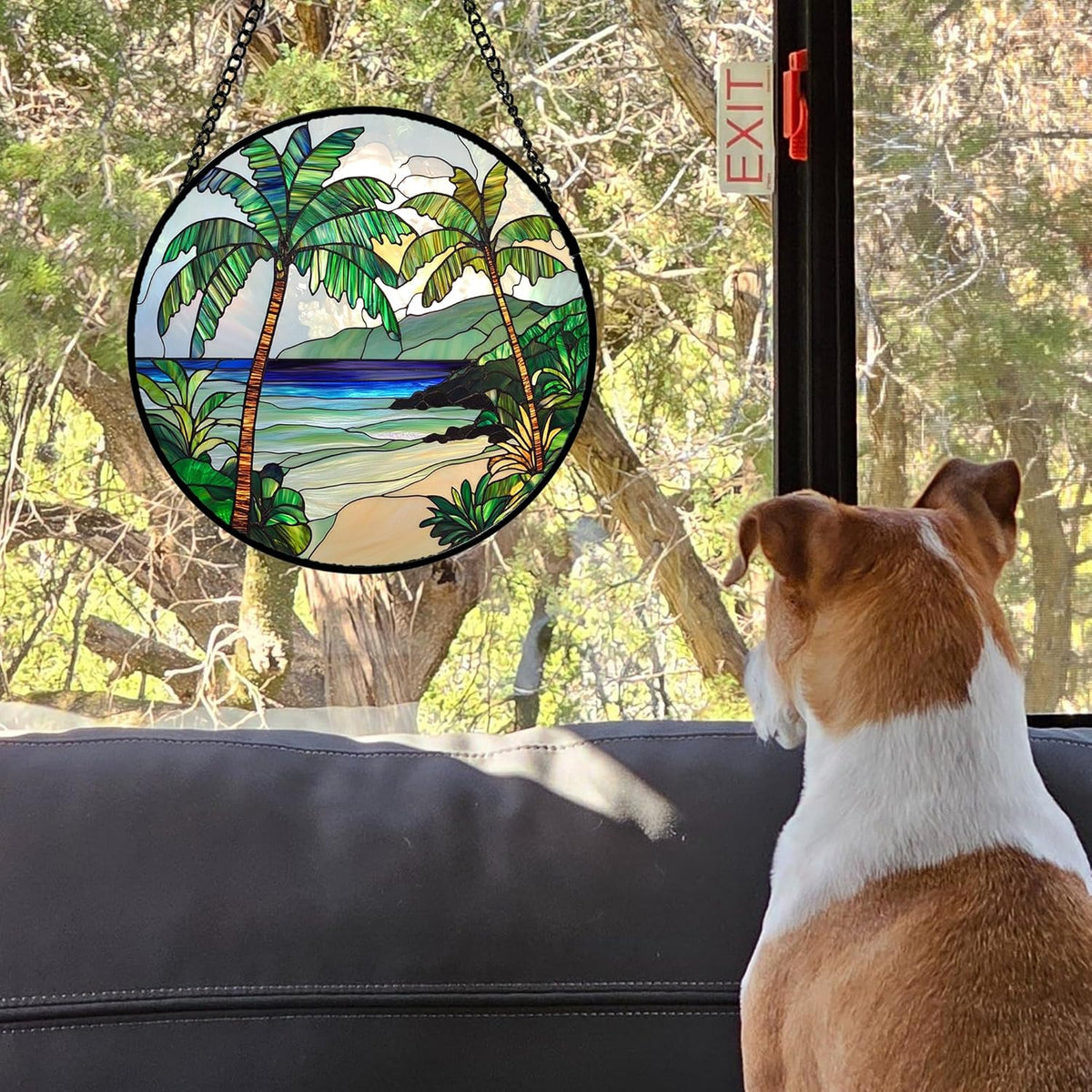 Stained Glass Window Hanging 4 Pcs Set Blue Ocean Coconut Tree Scenery Large 11.8" - Suncatcher