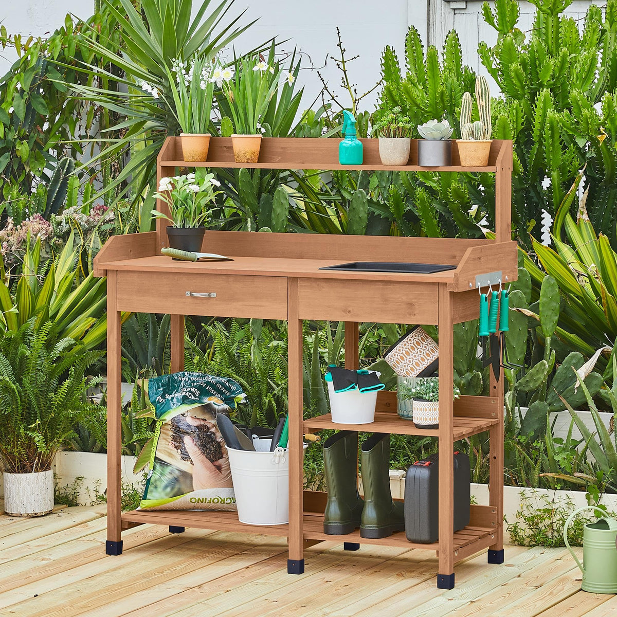 Yaheetech Potting Bench with Sink & Drawer, Outdoor Gardening Table, Brown