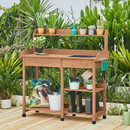 Yaheetech Potting Bench with Sink & Drawer, Outdoor Gardening Table, Brown