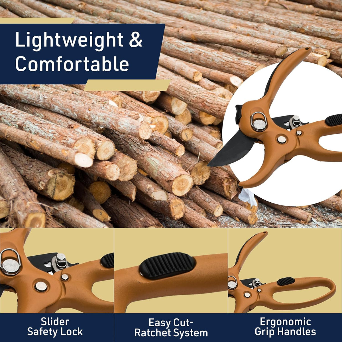 Kings County Tools Ratcheting Hand Pruner | Extra Cutting Strength | Adjust Grip to Activate