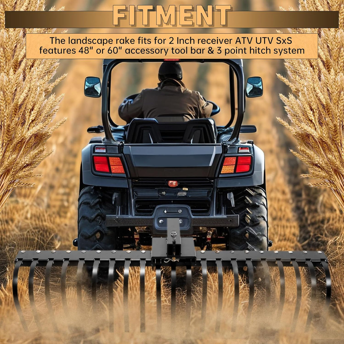 KUAFU 60 Inch Landscape Rake Pine Straw Rake Tractors Rake Fit for 2 Inch Receiver ATV UTV SxS