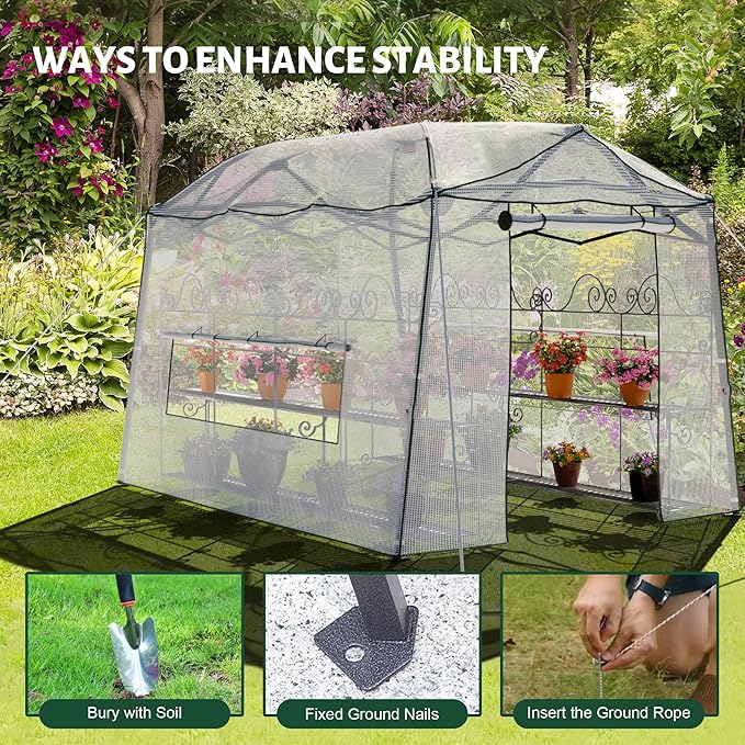 8.5 x 7 FT Walk-in Greenhouse, Portable Pop-up Green House 3 Adjustable Hights Heavy Duty Plant