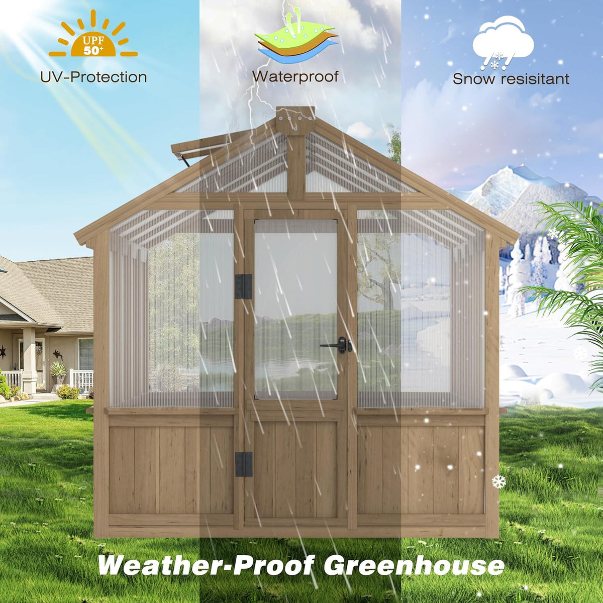 Mupater 6 x 8 FT Wooden Polycarbonate Greenhouse with Ventilated Window and Lockable Door, 6mm PC