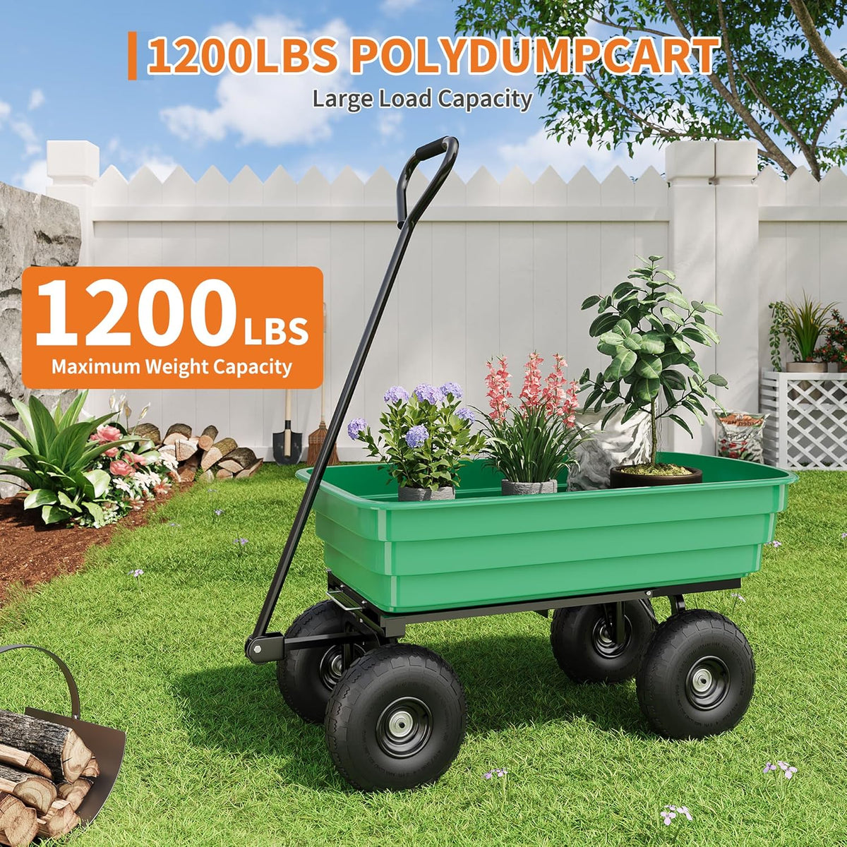6 Cu.Ft. 1200Lbs Garden Cart Dump Wagon, Heavy-Duty 4 Wheel Wheelbarrow Yard Cart with 13-Inch