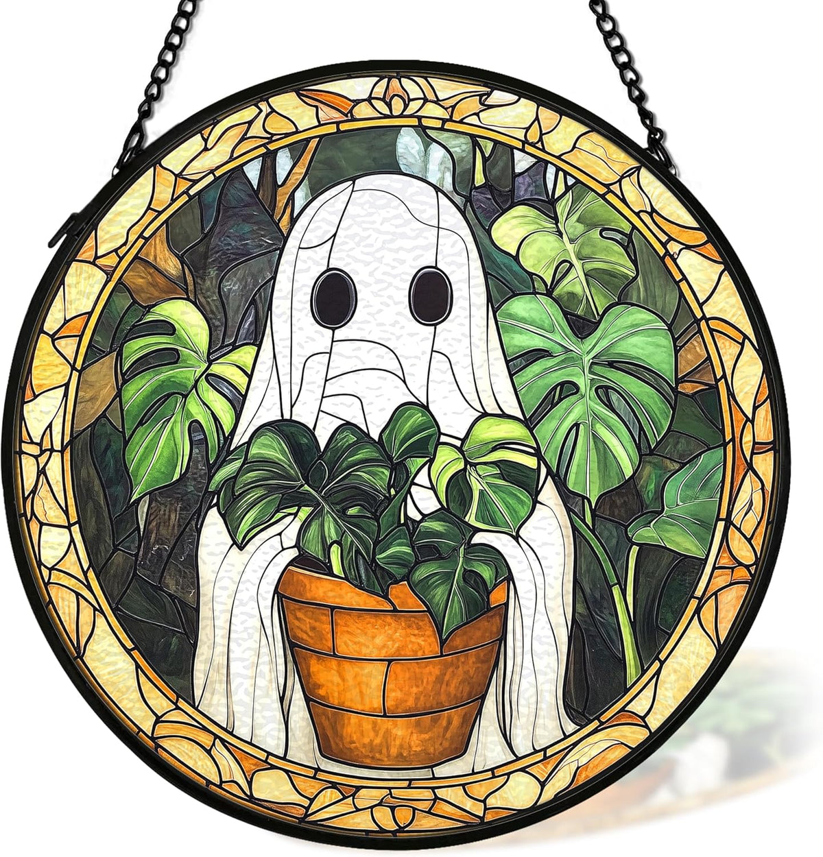 Halloween Ghost Suncatcher Stained Glass Window Hanging Decor, Cute Ghost Stained Glass Wall Decor