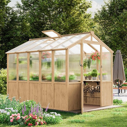 Restland 6x8 FT Wood Greenhouse with Shelves Reinforced Frame Walk-in Greenhouses with Adjustable
