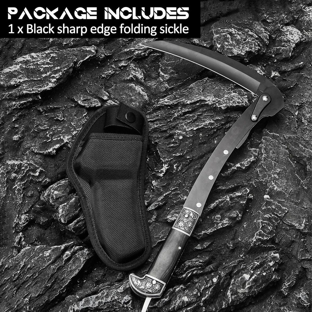 WILLBOND Black Sharp Folding Sickle Garden Tool Portable Safety Grass Hand Sickle Knife with Sheath
