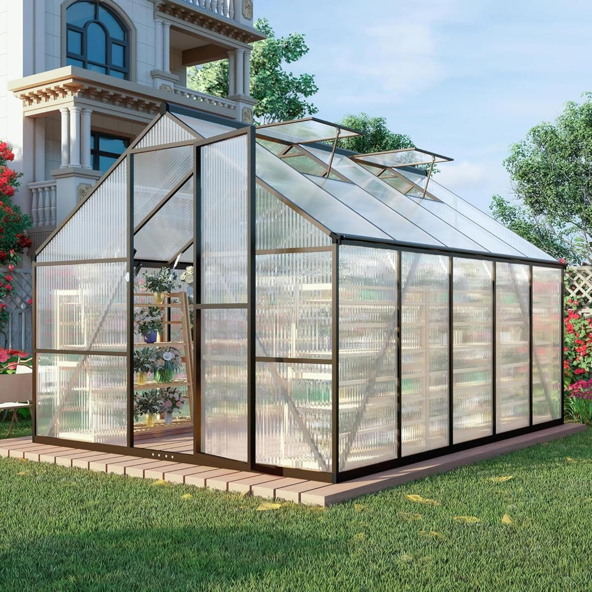 CQZY 8x10 FT Greenhouse for Outdoors, Polycarbonate Greenhouse with Quick Setup Structure and Roof