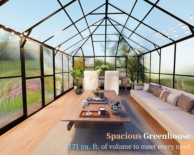 HOWE 16x12x9.5 FT Polycarbonate Greenhouse for Outdoors, Pavilion Style Greenhouse with 4 Vent