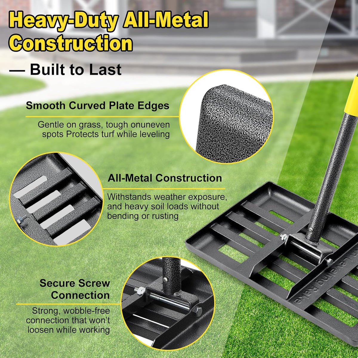 Lawn Leveling Rake: Anti Flipping 17" x 10" Stainless Steel Lawn Ground Leveler for Soil, Heavy