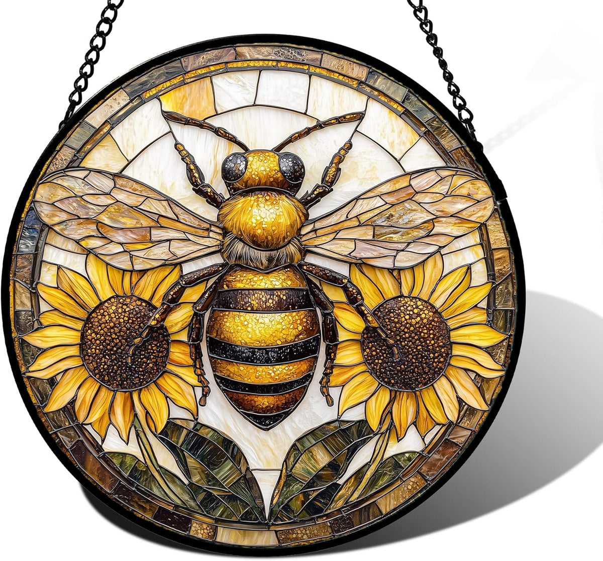 Stained Glass Window Hanging - Bee Sunflower Yellow Suncatcher Ready to Hang Window Doors Home