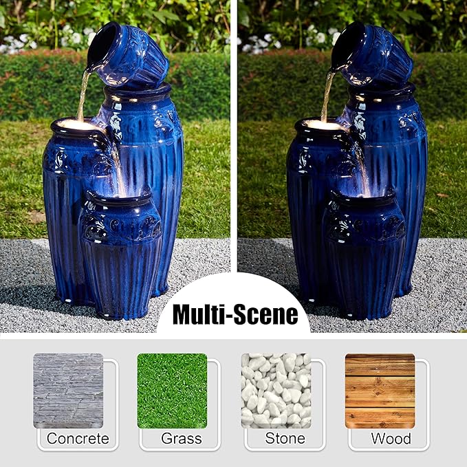Glitzhome 27.25" H Outdoor Garden Water Fountain with LED Lights and Pump, 4 Tier Cobalt Blue