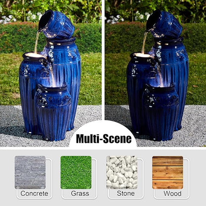 Glitzhome 27.25" H Outdoor Garden Water Fountain with LED Lights and Pump, 4 Tier Cobalt Blue