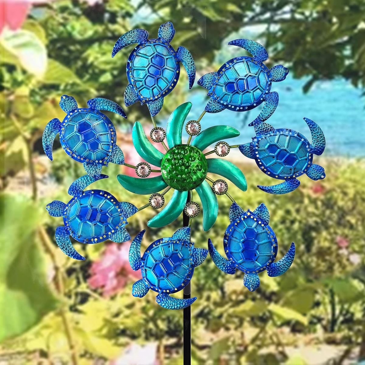 39" Sea Turtle Wind Spinners Metal Garden Stake-Outdoor Ocean Theme Wind Spinners - Metal Stake