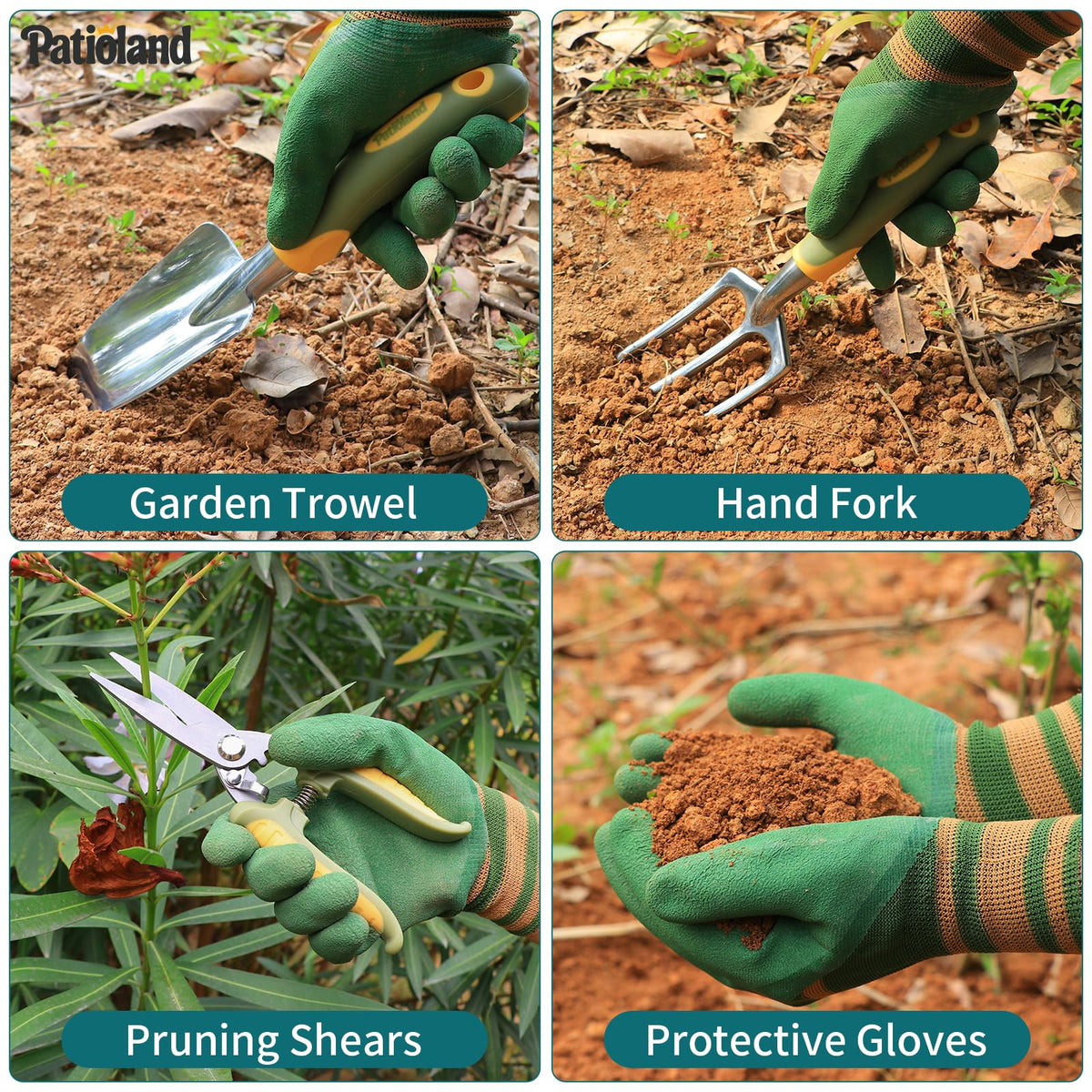 Patioland Green Garden Tool Set 4-Piece, Trowel, Fork, Pruning Shear&Gloves