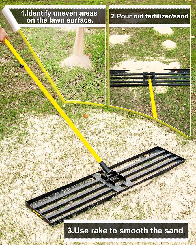 Lawn Leveling Rake, 30"x10" Heavy Duty Sand Leveling Tool with 7FT Long Handle, Steel Golf Rake for