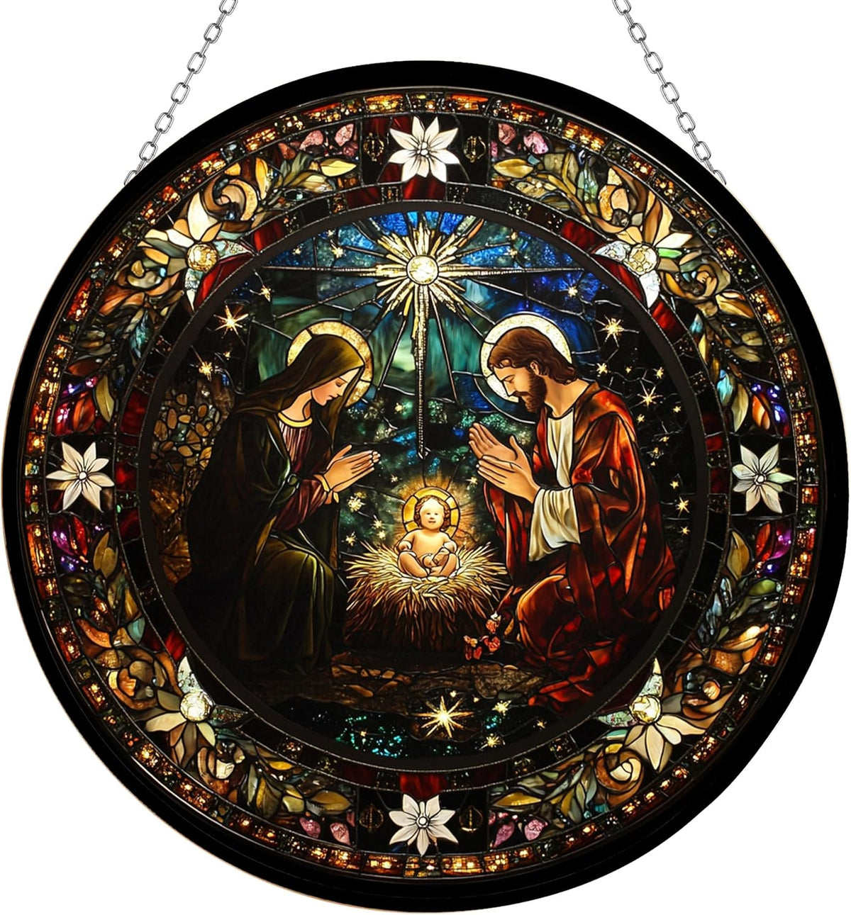 Serene Nativity Mary, Joseph Stained Glass Window Hangings, Handcrafted Stained Glass Suncatchers