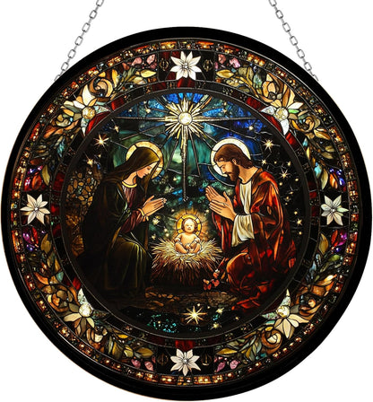 Serene Nativity Mary, Joseph Stained Glass Window Hangings, Handcrafted Stained Glass Suncatchers