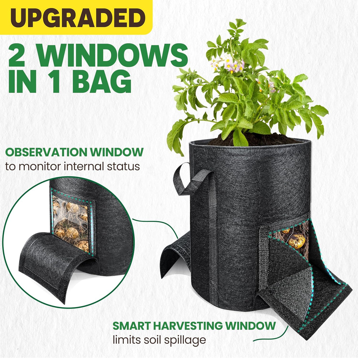 [Upgraded] 2PCS 20-Gallon Potato Grow Bags with Unique Harvest Window, Visible Window, Garden
