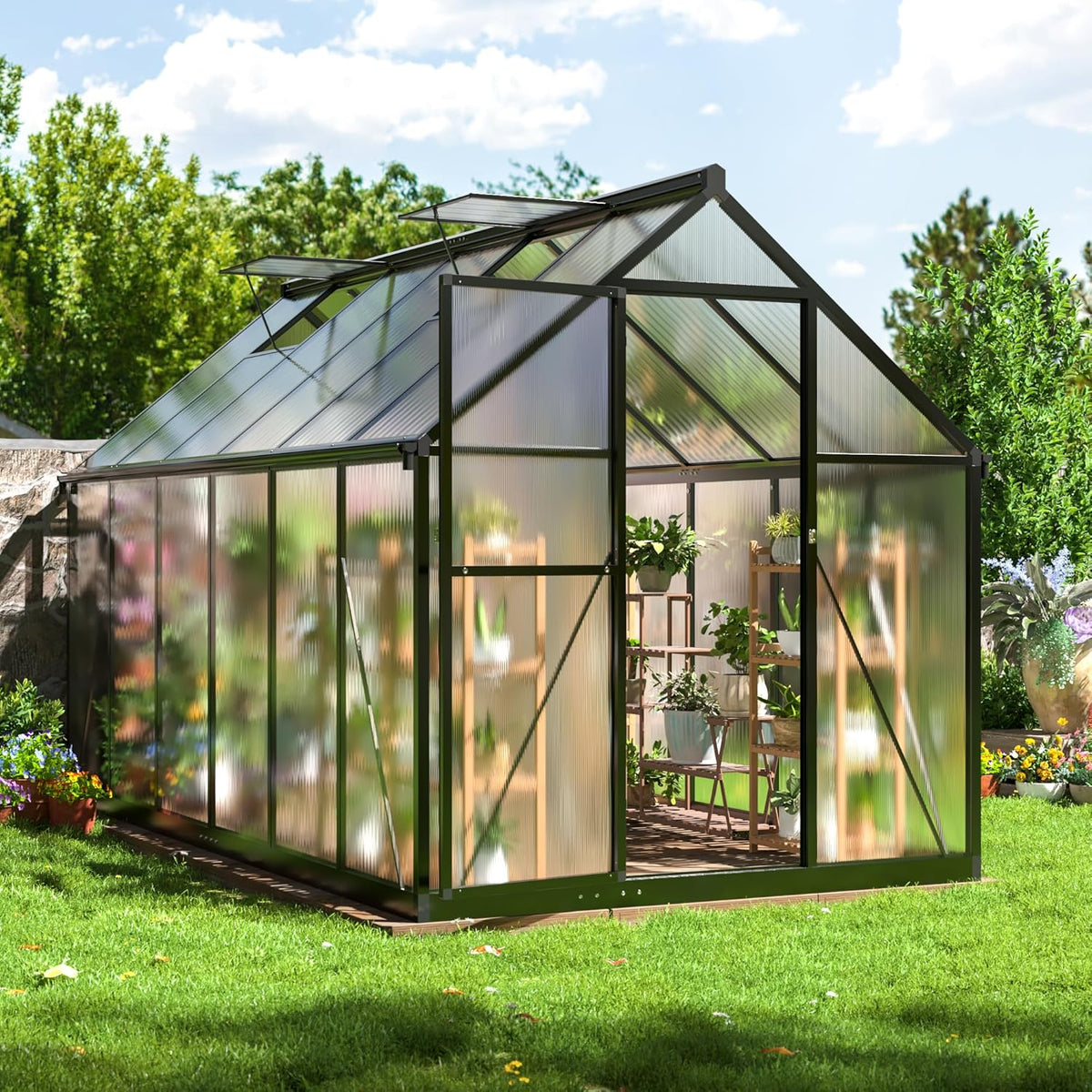 6x11 FTQuick Setup Polycarbonate Greenhouse with Roof Vent, Large Aluminum Walk-in Green House for