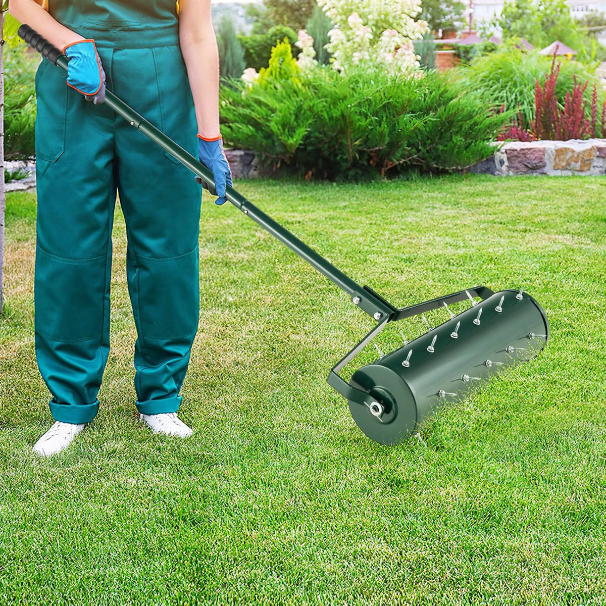 IRONMAX Rolling Lawn Aerator, Sand/Stone Filled Manual Dethatching Soil Aerating Push Tool with