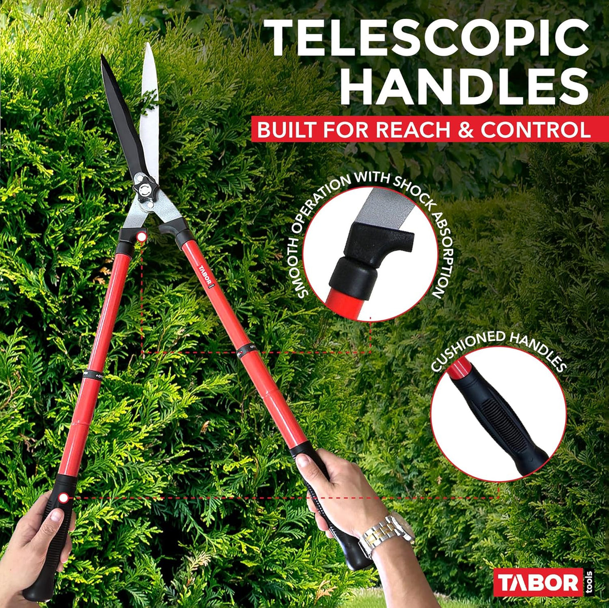 TABOR TOOLS B212A Telescopic Hedge Shears with Wavy Blade and Extendable Steel Handles. Extendable