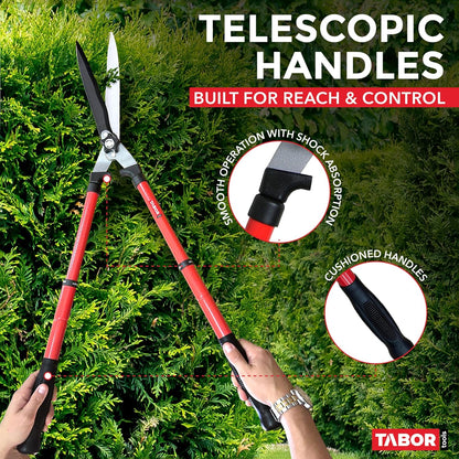 TABOR TOOLS B212A Telescopic Hedge Shears with Wavy Blade and Extendable Steel Handles. Extendable