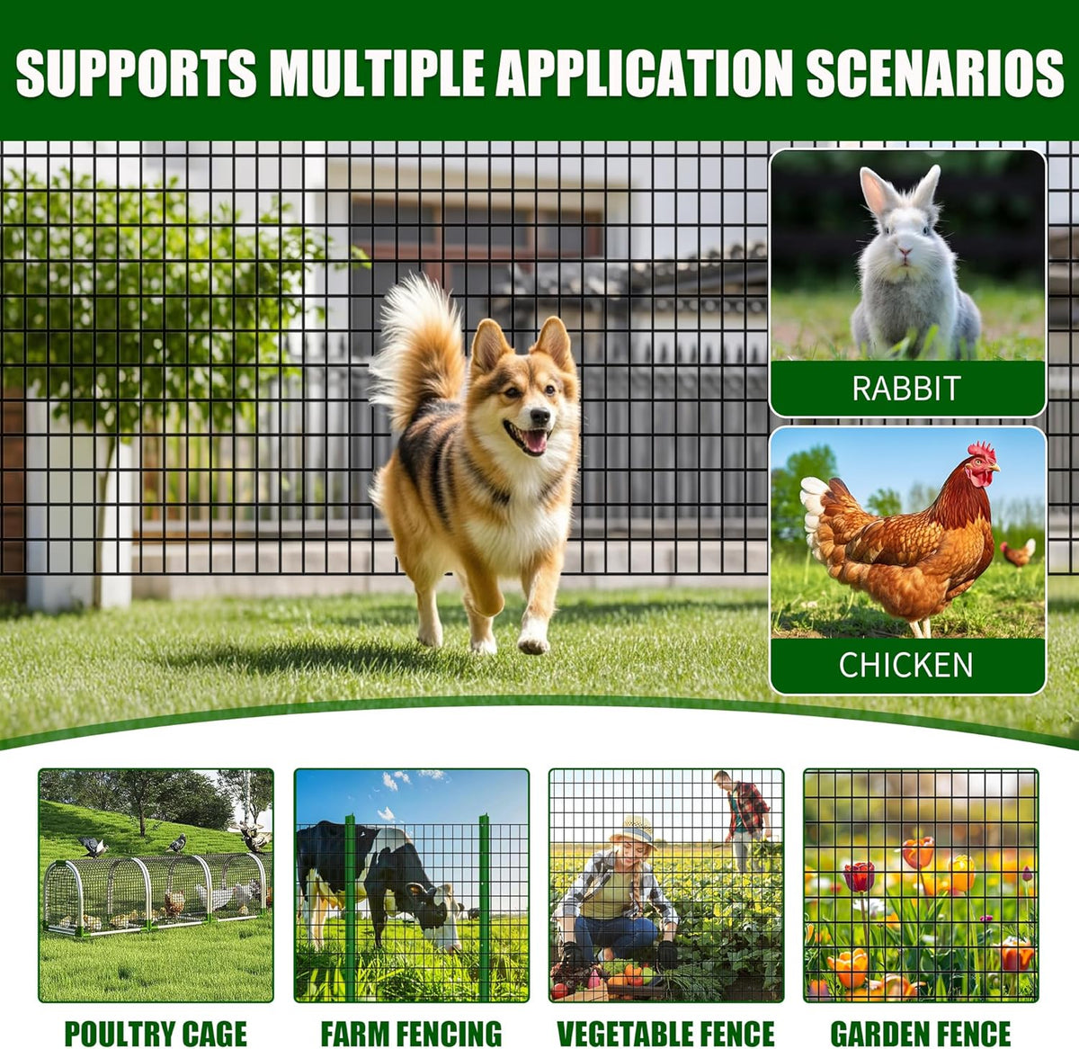 48 in x 25 ft Welded Wire Mesh Fence, 2 in × 3 in 15GA Black PVC Coated Garden Fencing Roll, Dog