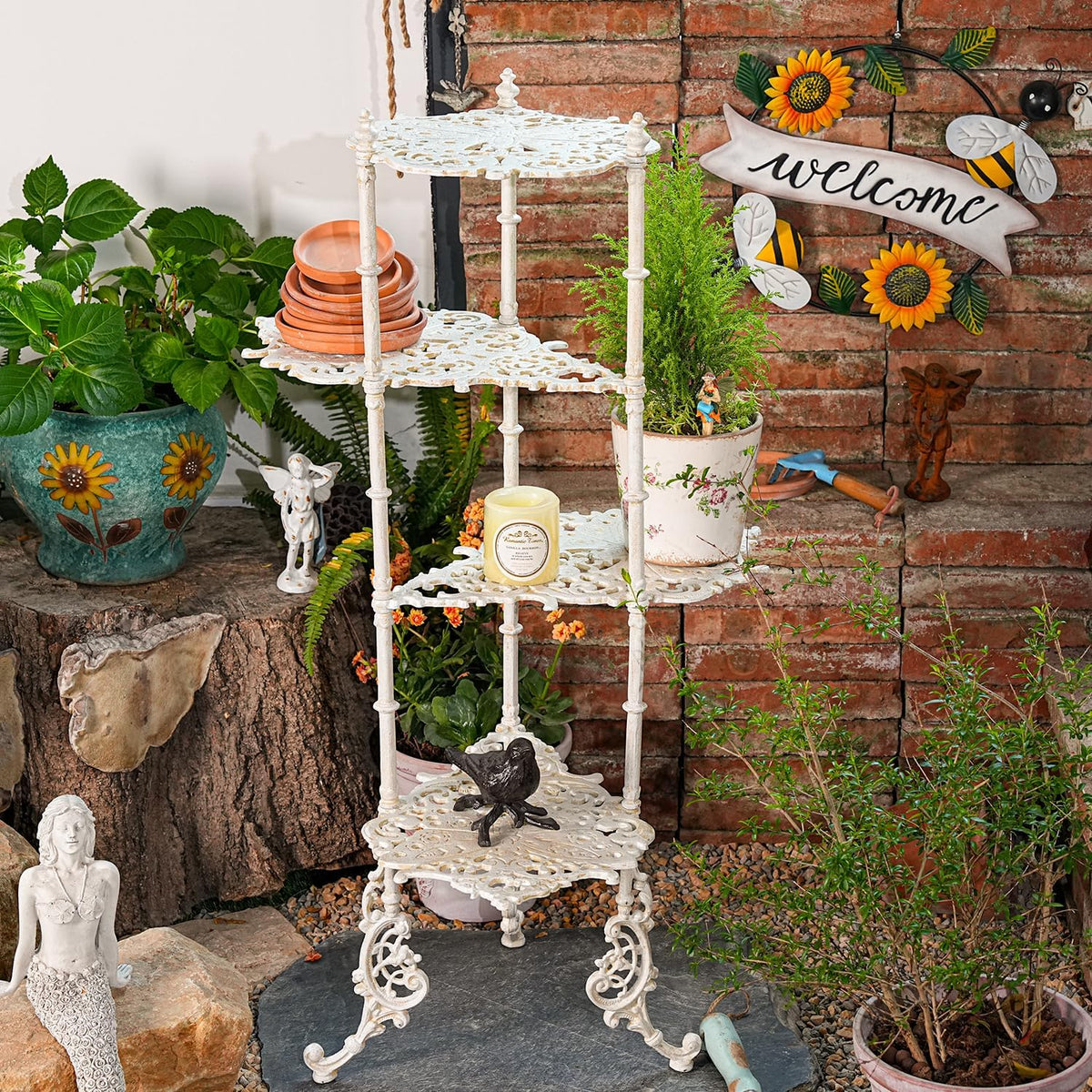 Sungmor Vintage Cast Iron 4-Tier Plant Stand, Elegant Butterfly & Floral Design with Antique White