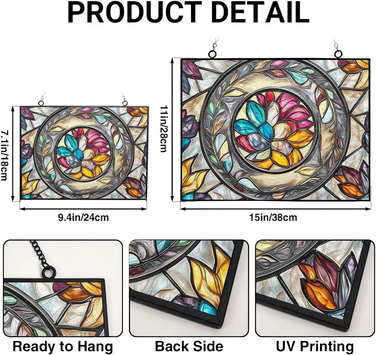 Customized Rectangle Floral Ring Suncatcher Stained Glass Window Hangings Sun Catchers Colorful