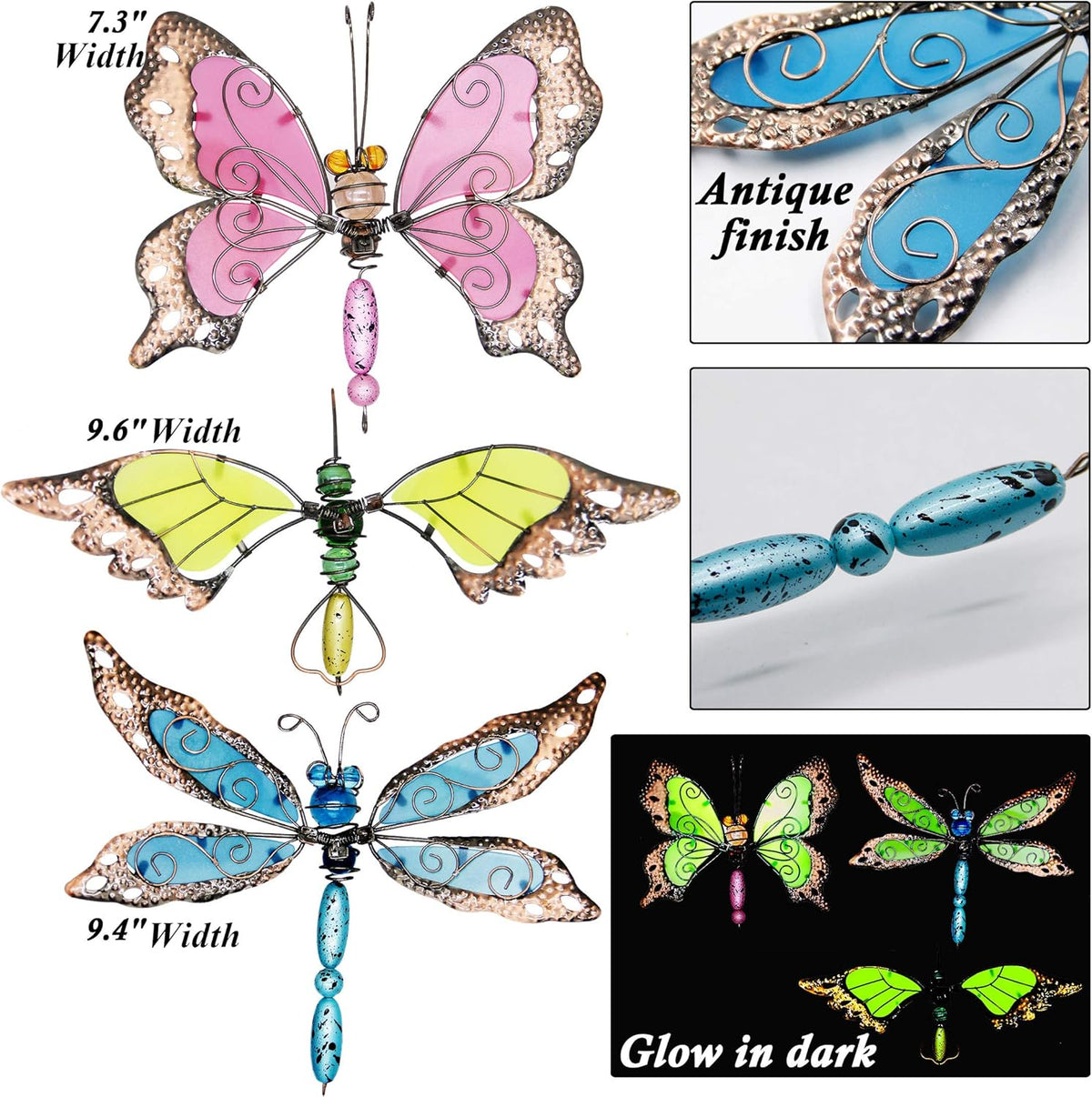 Juegoal 34 Inch Butterfly Garden Stakes Decor, Dragonfly Hummingbird Stakes, Glow in Dark Metal